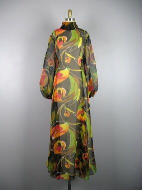 Vintage 1970s Printed Chiffon Dress with Sheer Poet Sleeves - Size L